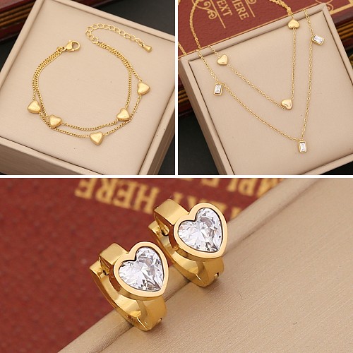 Retro Heart Shape Stainless Steel Plating Inlay Artificial Diamond Bracelets Earrings Necklace