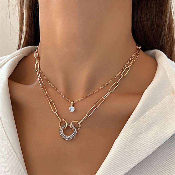 Hip-Hop Simple Style Solid Color Flower Lock Metal Copper 18K Gold Plated Gold Plated Silver Plated Crystal Zircon Layered Necklaces Pendant Necklace Necklace In Bulk