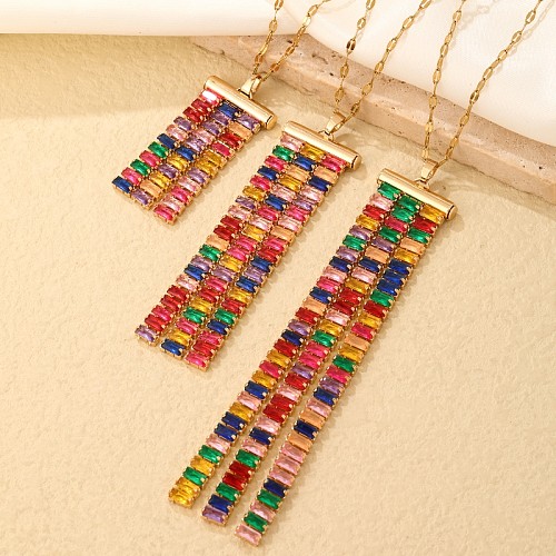 Elegant Rectangle Stainless Steel Copper Plating Inlay Zircon Gold Plated Pendant Necklace