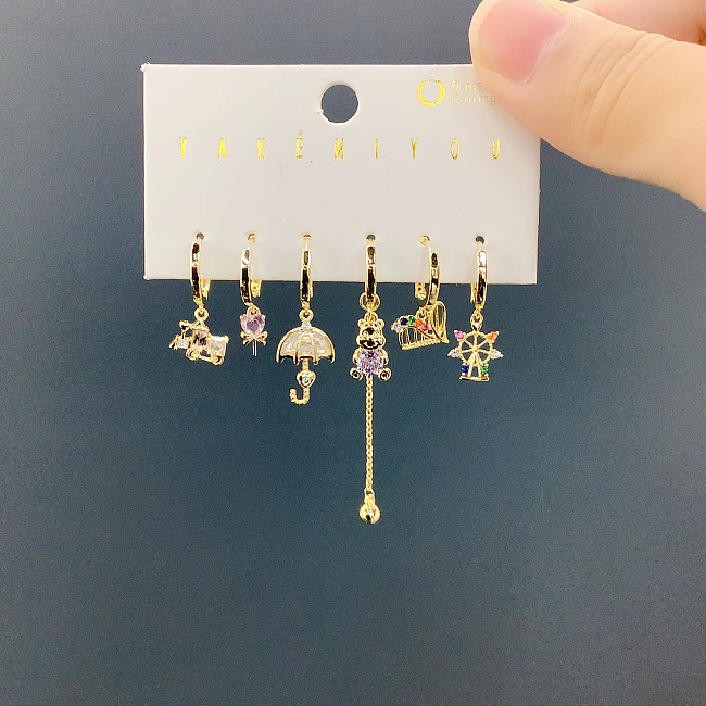 Cute Sweet Cartoon Bow Knot Copper Asymmetrical Three-dimensional Zircon 14K Gold Plated Drop Earrings