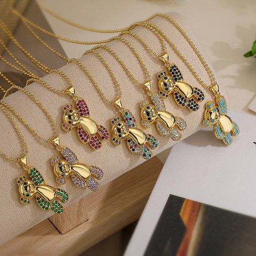 Süße Urlaubs-Halskette mit kleinem Bären-Kupfer, 18 Karat vergoldet, mit Zirkon-Anhänger, im einfachen Stil, in großen Mengen