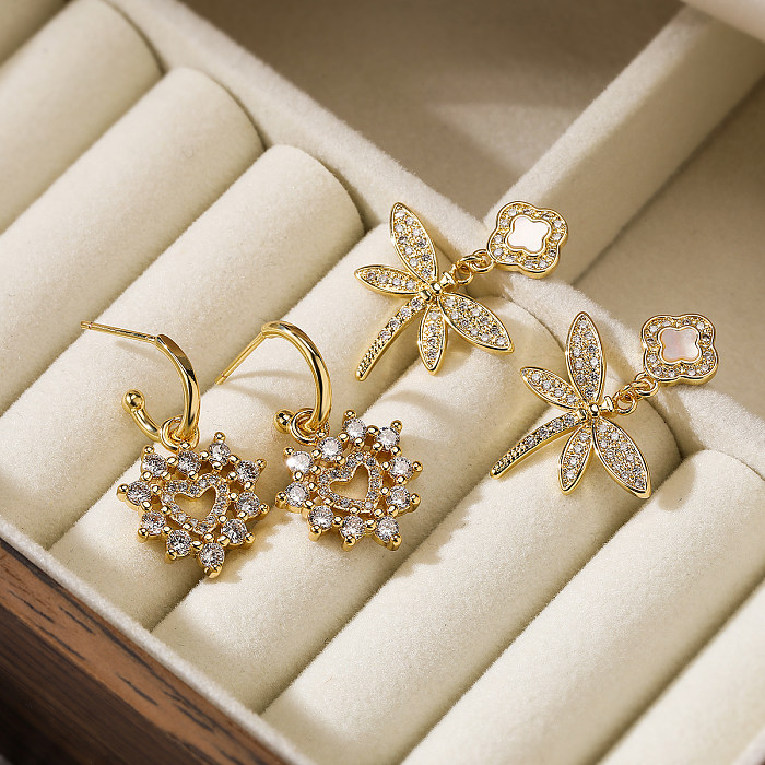 1 Pair Simple Style Commute Heart Shape Dragonfly Plating Inlay Copper Zircon 18K Gold Plated Drop Earrings