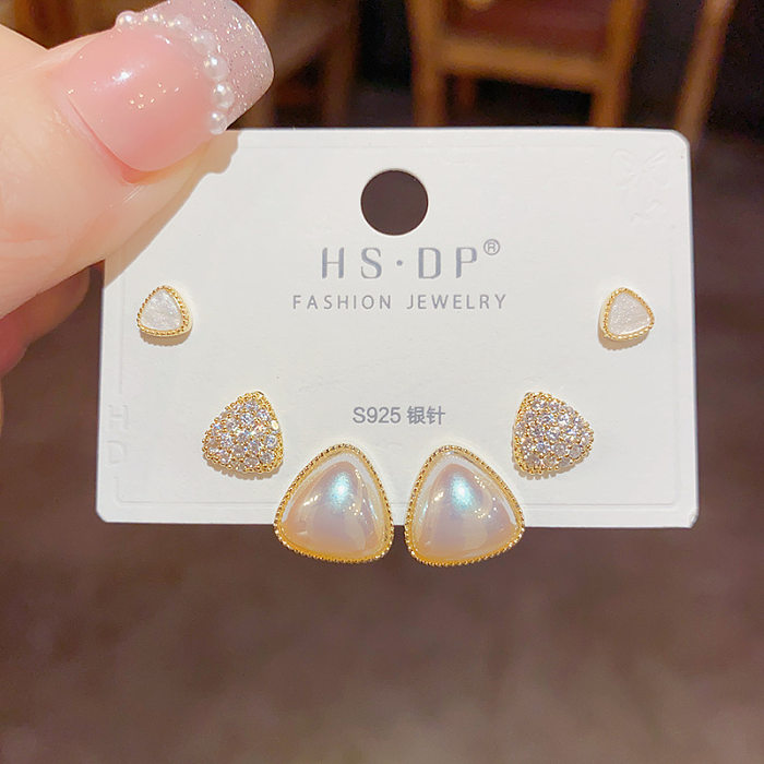 Simple Style Crown Sterling Silver Copper Inlay Zircon Ear Studs 3 Pieces
