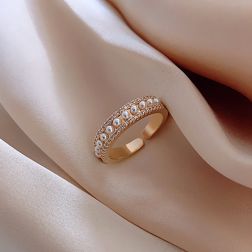 Simple Style Round Copper Plating Inlay Pearl Zircon Open Ring