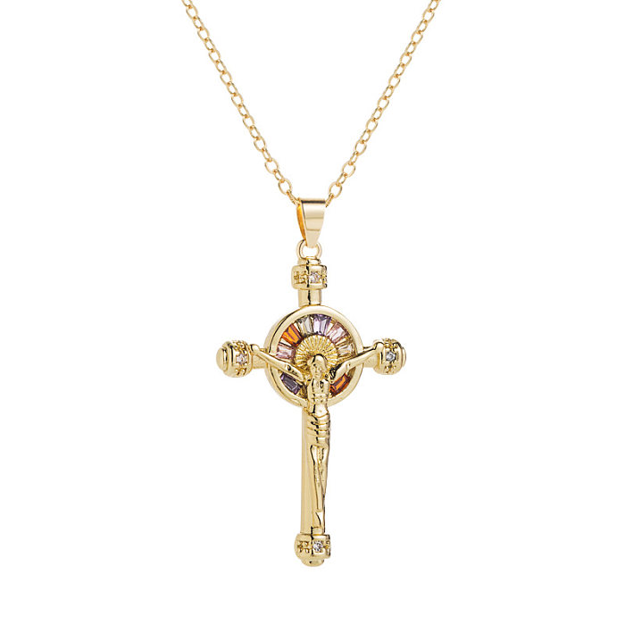 Fashion Cross Jesus Religious Gold-Plated Copper Pendant Inlaid Zircon Necklace
