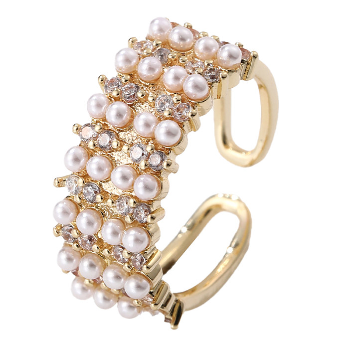 Anillos abiertos de perlas de diamantes de imitación con incrustaciones de cobre geométricos elegantes
