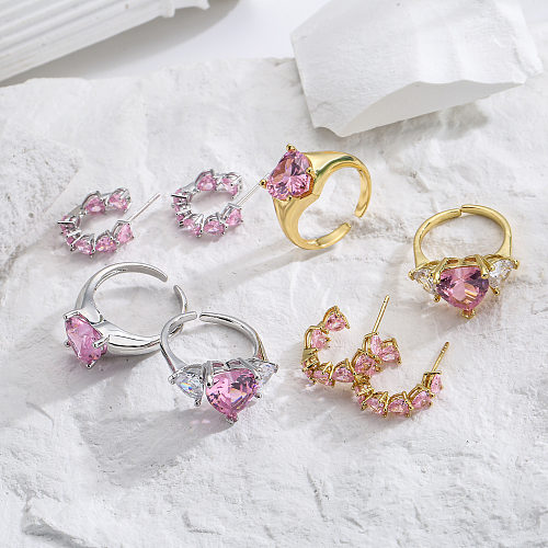 Boucles d'oreilles en Zircon rose en forme de cœur, anneau réglable