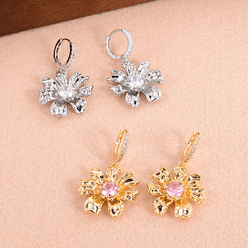 1 paire de boucles d'oreilles pendantes en cuivre et Zircon plaqué or, avec incrustation de fleur Glam