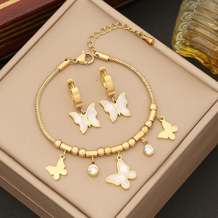 Modern Style Butterfly Stainless Steel Plating Inlay Shell Bracelets Earrings Necklace