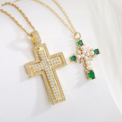 Neuer Stil Kupfer 18K Vergoldung Zirkon Perle Kreuz Anhänger Halskette