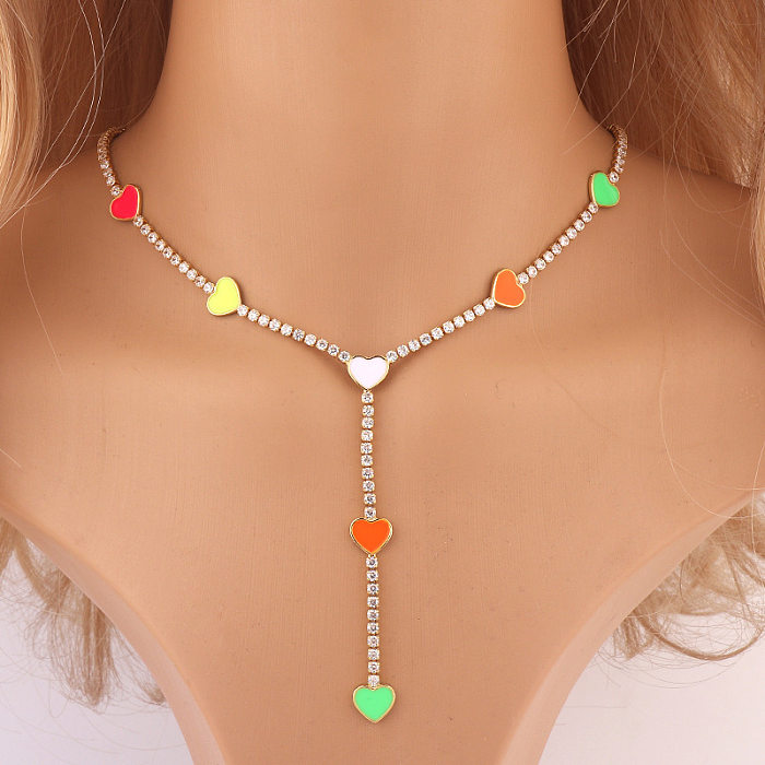 Fashion Heart Shape Brass Enamel Rhinestones Necklace
