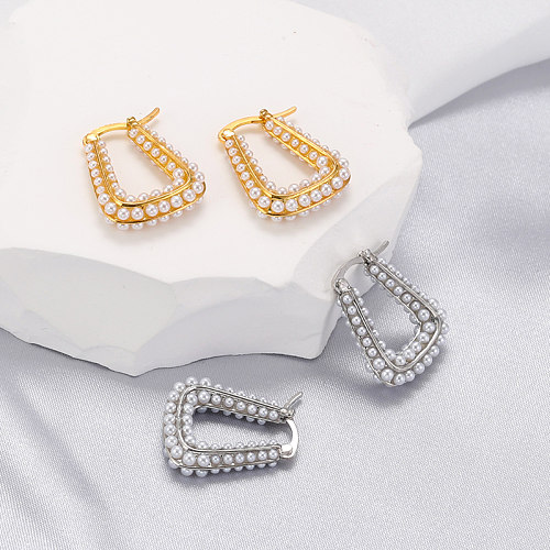 1 paire de boucles d'oreilles plaquées or 18 carats, Style Simple, en forme de U, incrustation de perles artificielles
