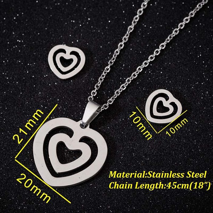 1 ensemble de boucles d'oreilles et collier en acier titane plaqué en forme de cœur, Style Simple