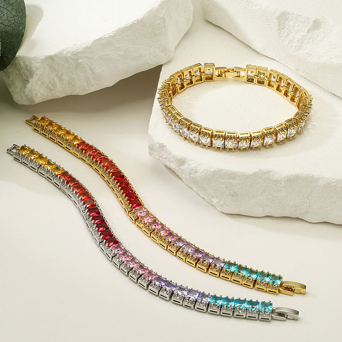 Luxurious Cool Style Shiny Color Block Square Copper Plating Inlay Zircon 18K Gold Plated Tennis Bracelet