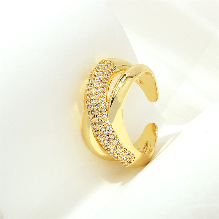 Simple Style Oval Lines Copper Plating Inlay Zircon 18K Gold Plated Open Rings