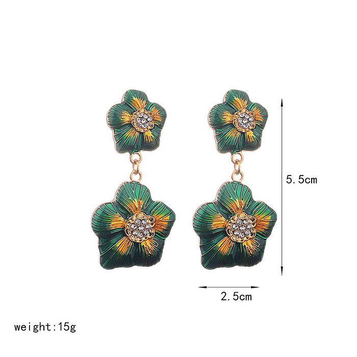 1 Pair Retro Sweet Flower Enamel Plating Inlay Copper Zircon 18K Gold Plated Drop Earrings