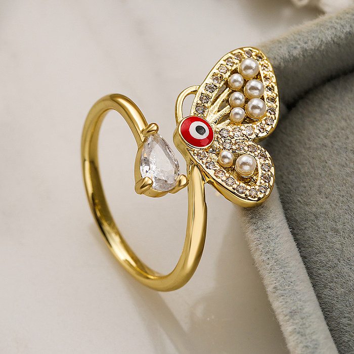 1 Stück modischer offener Ring mit Schmetterlingsverkupferung, Inlay, Perle und Zirkon
