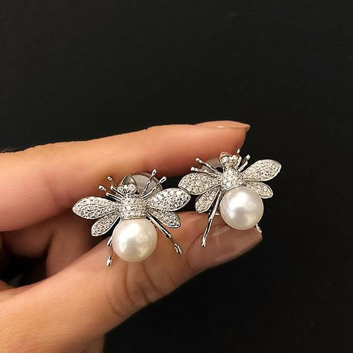 1 Pair Cute Bee Inlay Copper Artificial Gemstones Ear Studs