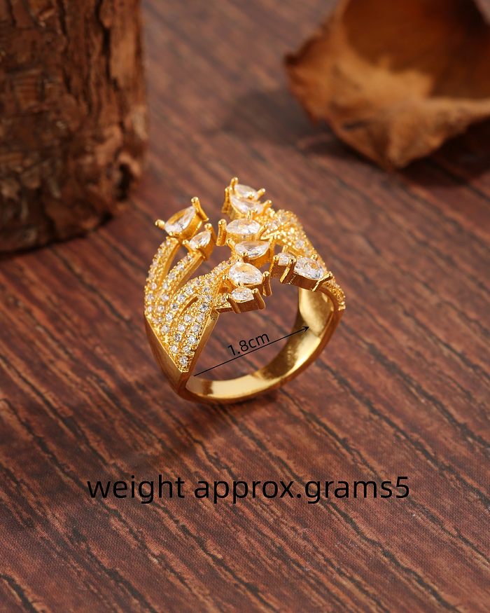 Luxurious Modern Style Korean Style Cross Water Droplets Lines Copper Plating Inlay Zircon 18K Gold Plated Open Rings