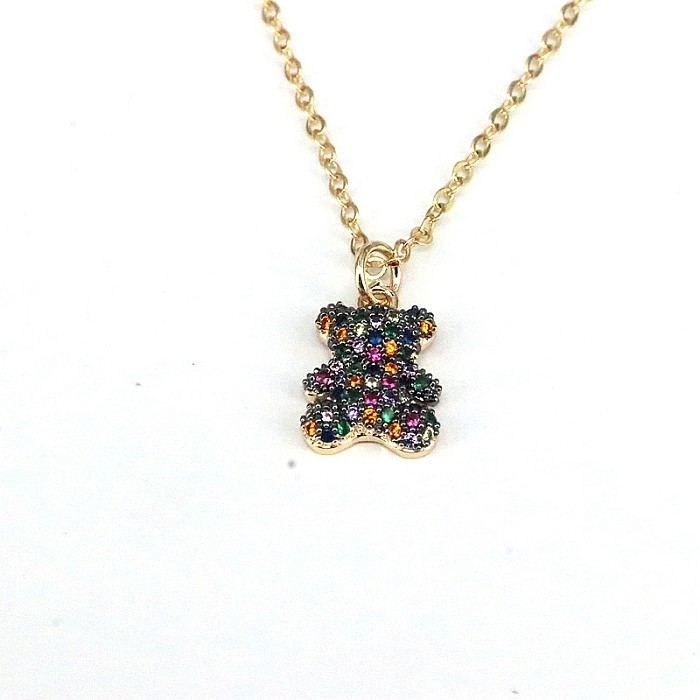 Cute Little Bear Copper Plating Inlay Zircon Gold Plated Pendant Necklace