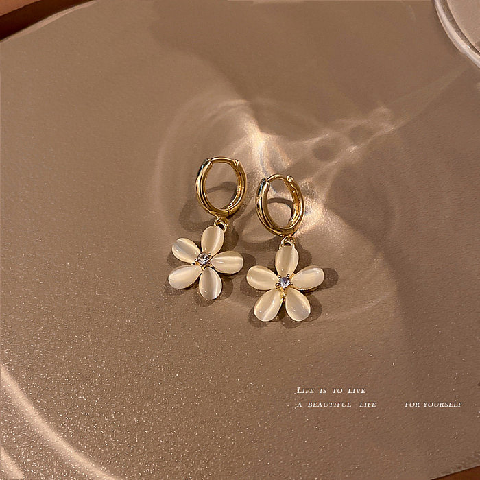 1 Pair Sweet Flower Copper Inlay Rhinestones Opal Drop Earrings