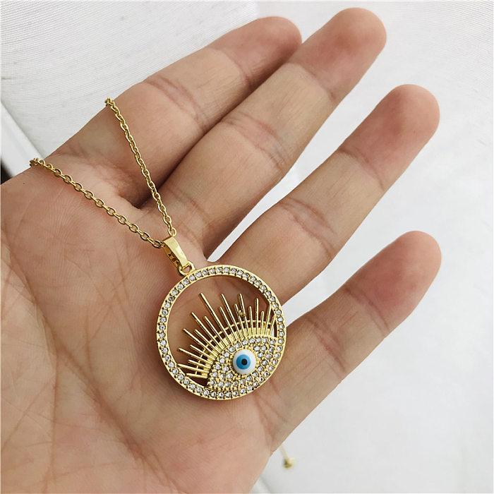 Retro Copper Micro-inlaid Zircon Disc Devil's Eye Pendant Necklace