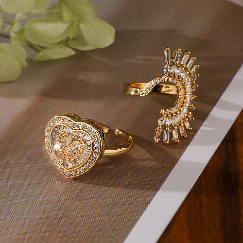 Elegante retro geométrico coração forma cobre chapeamento incrustado zircão banhado a ouro 18K anéis abertos