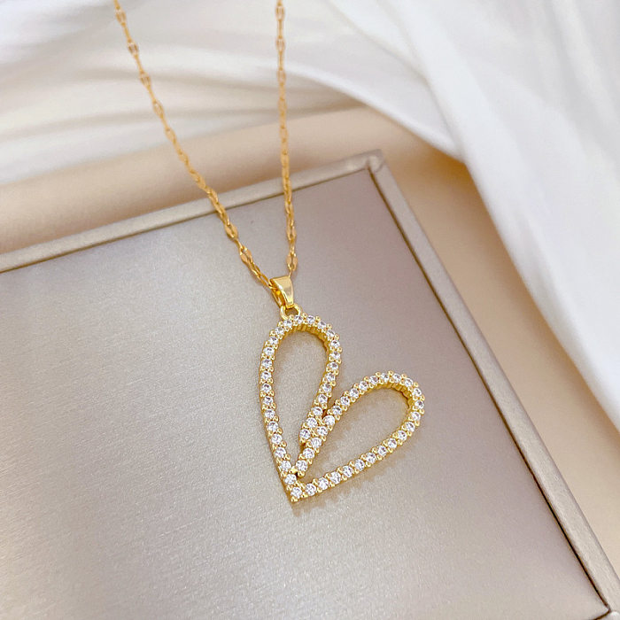 Fashion Heart Shape Stainless Steel Copper Inlay Rhinestones Pendant Necklace
