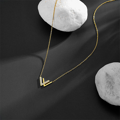 Simple Style V Shape Titanium Steel Inlay Zircon 18K Gold Plated Necklace