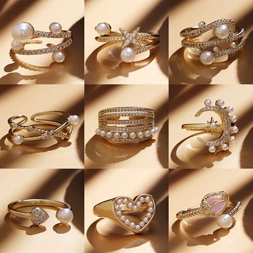 Elegant Queen Crown Copper Inlay Artificial Pearls Zircon Open Rings