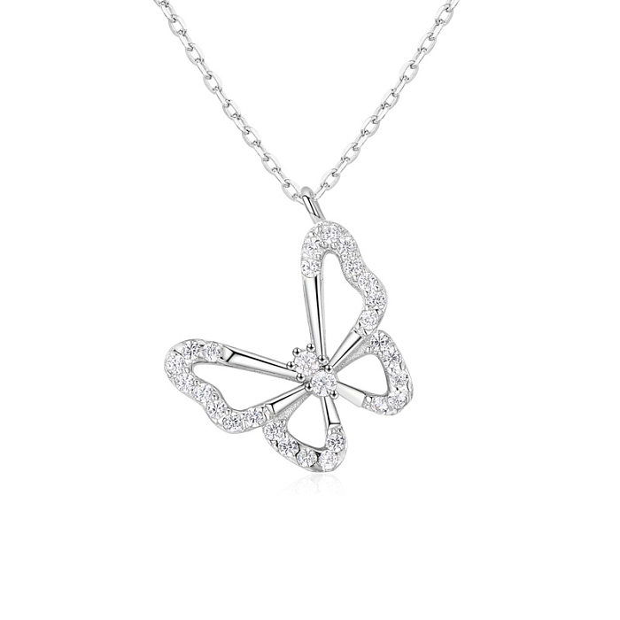 Simple Style Butterfly Copper Plating Hollow Out Inlay Artificial Diamond White Gold Plated Pendant Necklace