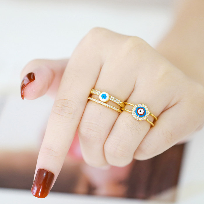 Original Design Vintage Style Fashion Devil'S Eye Copper Plating Inlay Zircon 18K Gold Plated Open Rings