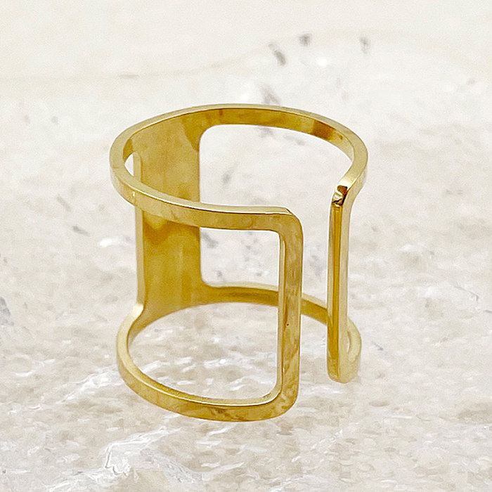 Novelty Simple Style Roman Style Rectangle Stainless Steel Enamel Plating Hollow Out Gold Plated Open Rings