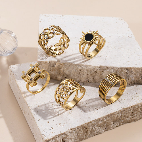 Anéis de strass banhados a ouro 18K de aço inoxidável com flor geométrica estilo IG a granel