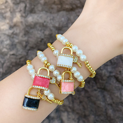 Bracelets en Zircon avec serrure à clé, Style classique coréen, Imitation de perles, placage en cuivre et émail, incrustation de Zircon