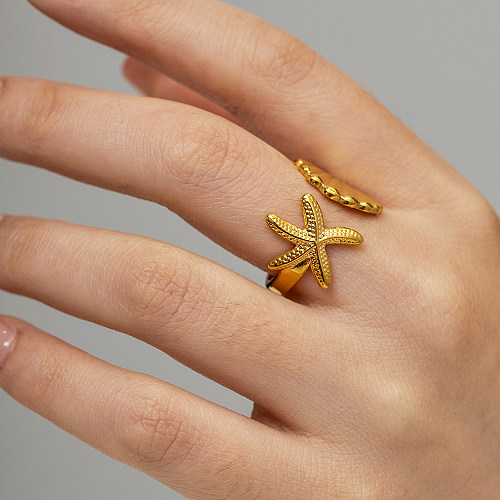 Beach Starfish Shell Stainless Steel 18K Gold Plated Open Ring In Bulk