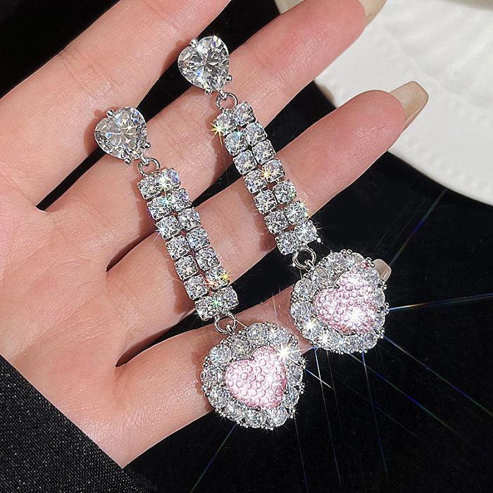 IG Style Shiny Heart Shape Copper Plating Inlay Zircon White Gold Plated Earrings Necklace