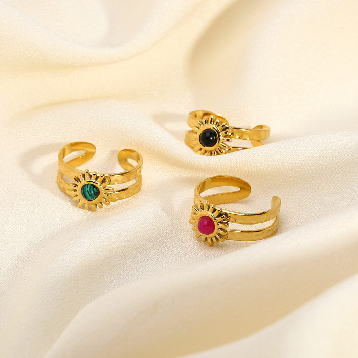 Simple Style Flower Stainless Steel Inlay Natural Stone Open Rings
