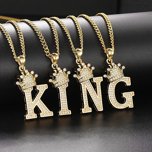 Hip-Hop-Halskette mit Buchstaben-Krone, Edelstahl, Kupfer-Inlay, Zirkon-Anhänger, 1 Stück