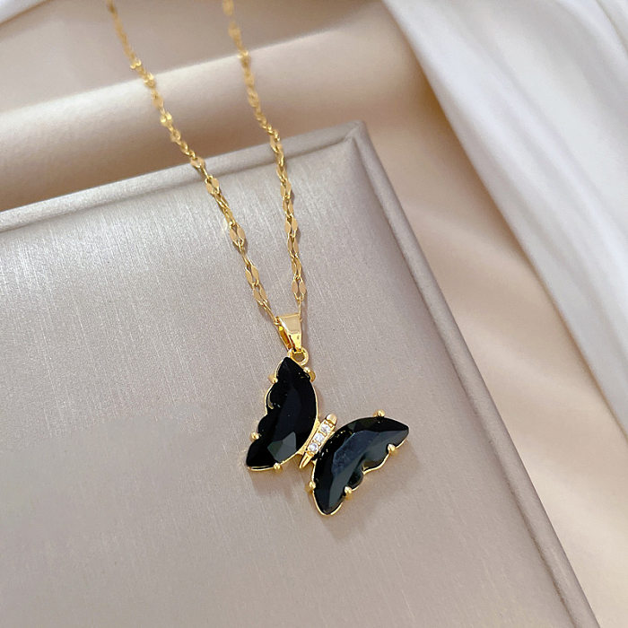 Elegante Schmetterlings-Halskette mit Ohrringen aus Titanstahl und Kupfer mit künstlichem Kristall