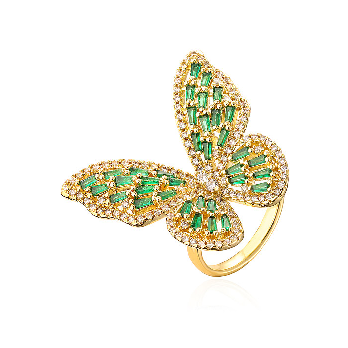 Modischer offener Ring mit Schmetterlingsmotiv, Kupfer, vergoldet, Zirkon, 1 Stück