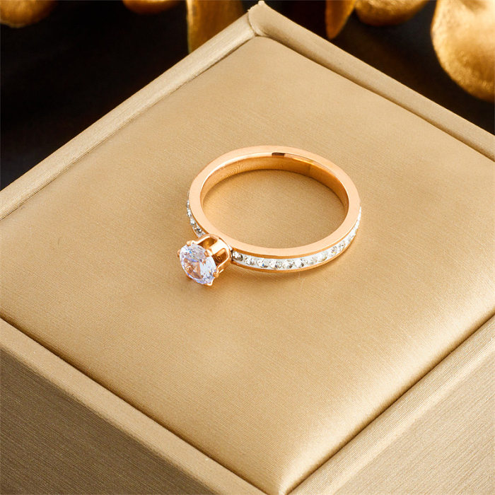 Simple Style Round Titanium Steel Inlay Zircon Rings