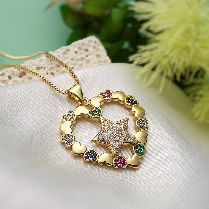 Collar con colgante chapado en oro de 18 quilates con incrustaciones de cobre y forma de corazón de pentagrama de viaje de estilo simple