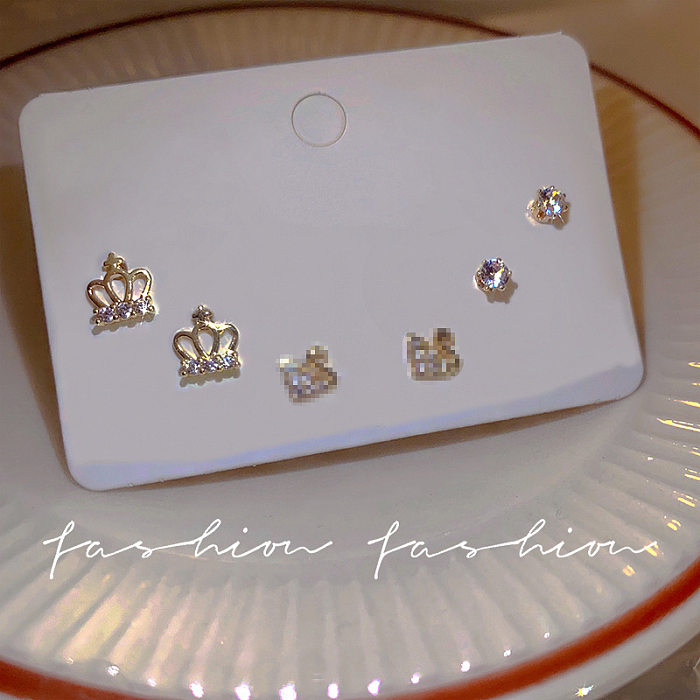 Cute Star Heart Shape Bow Knot Copper Plating Inlay Zircon Hoop Earrings Ear Studs 1 Set