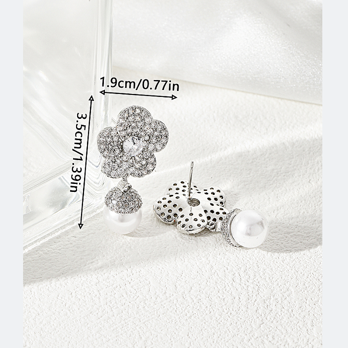 Boucles d'oreilles pendantes, 1 paire, incrustation de fleurs douces, cuivre Zircon Palladium blanc K