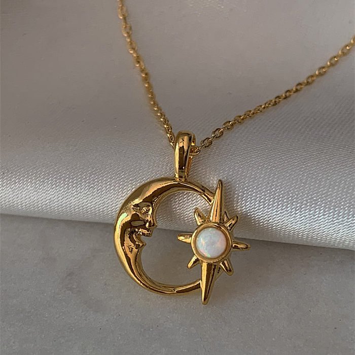 Japanese Style Sun Moon Copper Inlay Opal Pendant Necklace