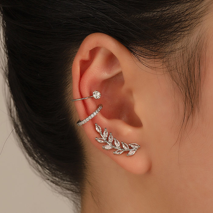 Fashion Leaf Copper Ear Clips Inlay Zircon Copper Earrings
