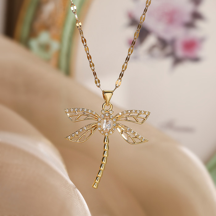 Simple Style Commute Dragonfly Copper Plating Inlay Zircon 18K Gold Plated Pendant Necklace