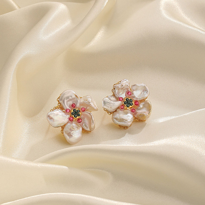 1 paire de clous d'oreilles rétro en forme de pétale de fleur, incrustation de perles de cristal en cuivre