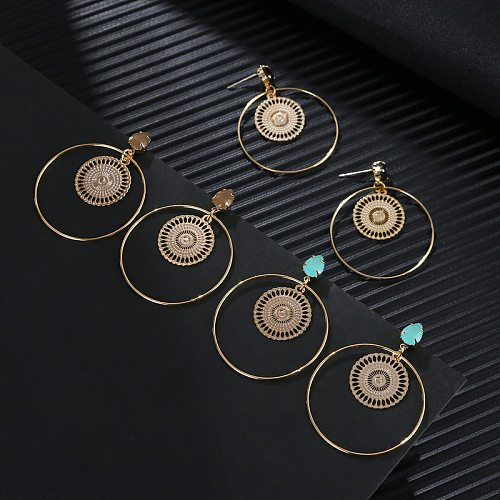 1 paire de boucles d'oreilles pendantes en cuivre et Zircon, Style ethnique classique, incrustation de cercles